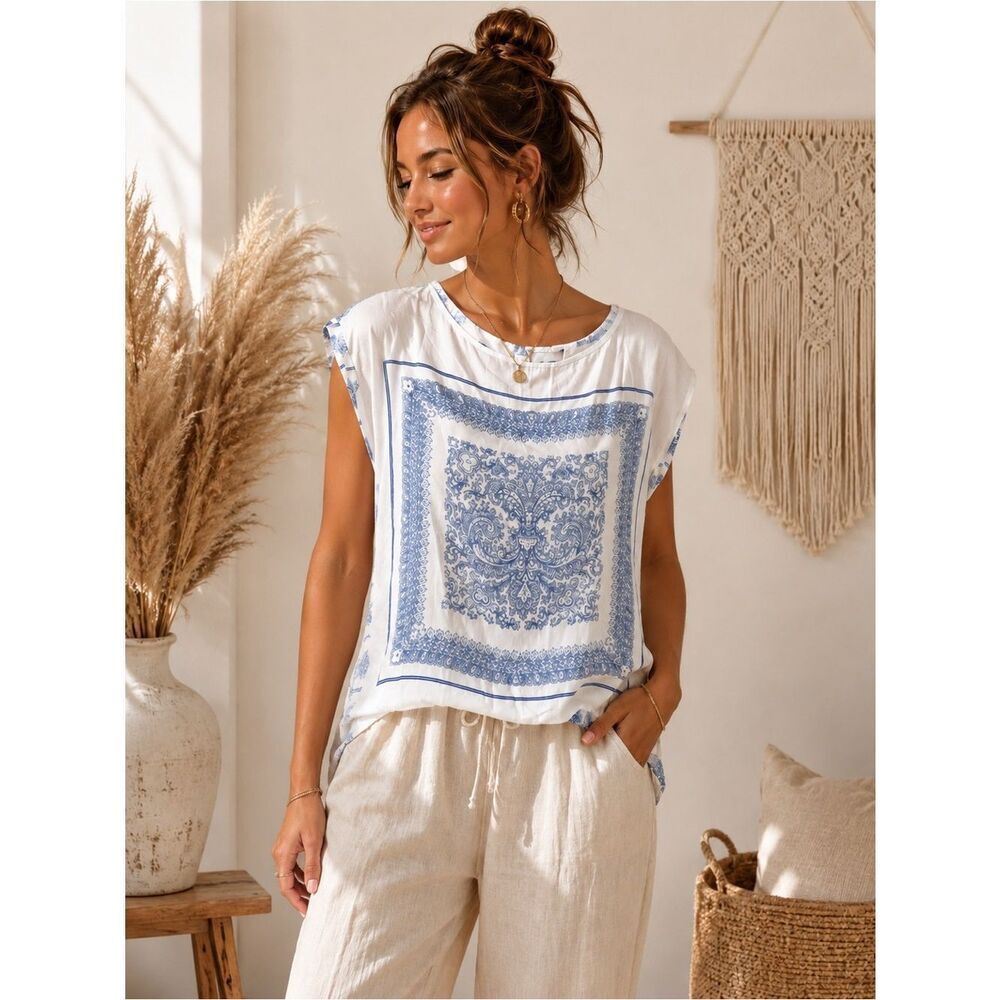 Anthropologie Love 21 Boho Chic White Top with Blue Bandana Print